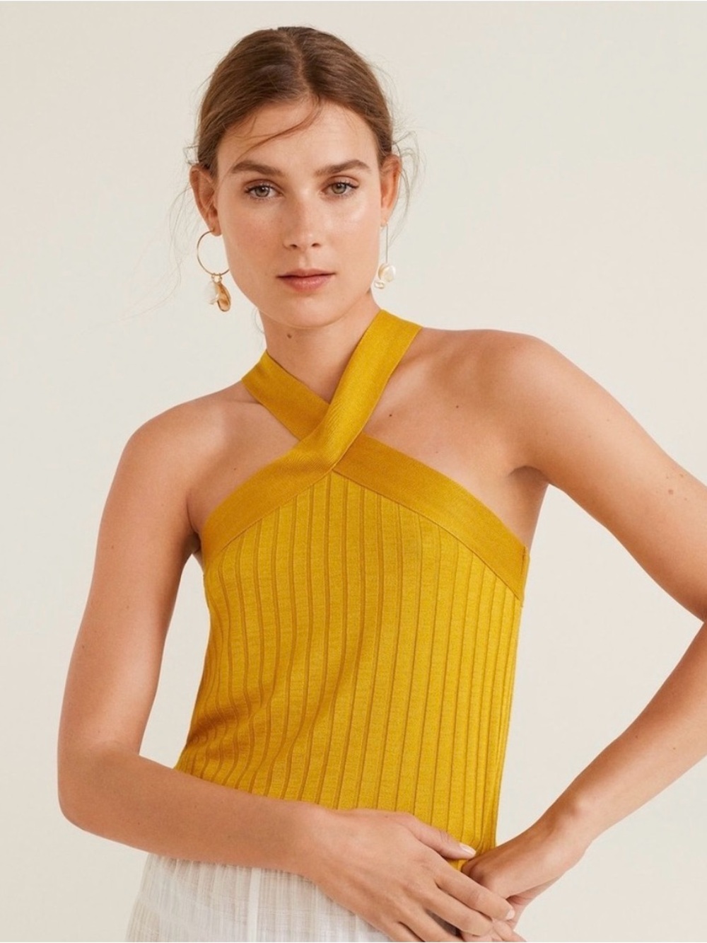 NWT Designer MNG Mango Mustard Gold Ribbed Cross-Neck Camisole Sz M - Picture 2 of 8